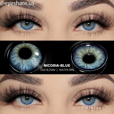 Picture of New Eyeshare Nicosia Blue Color contact lens with regular kit box for men & women. 1 pair Eyeshare Color contact lens for eye makeup and Cosmetics. Eyeshare NIcosia Series. #Nicosia