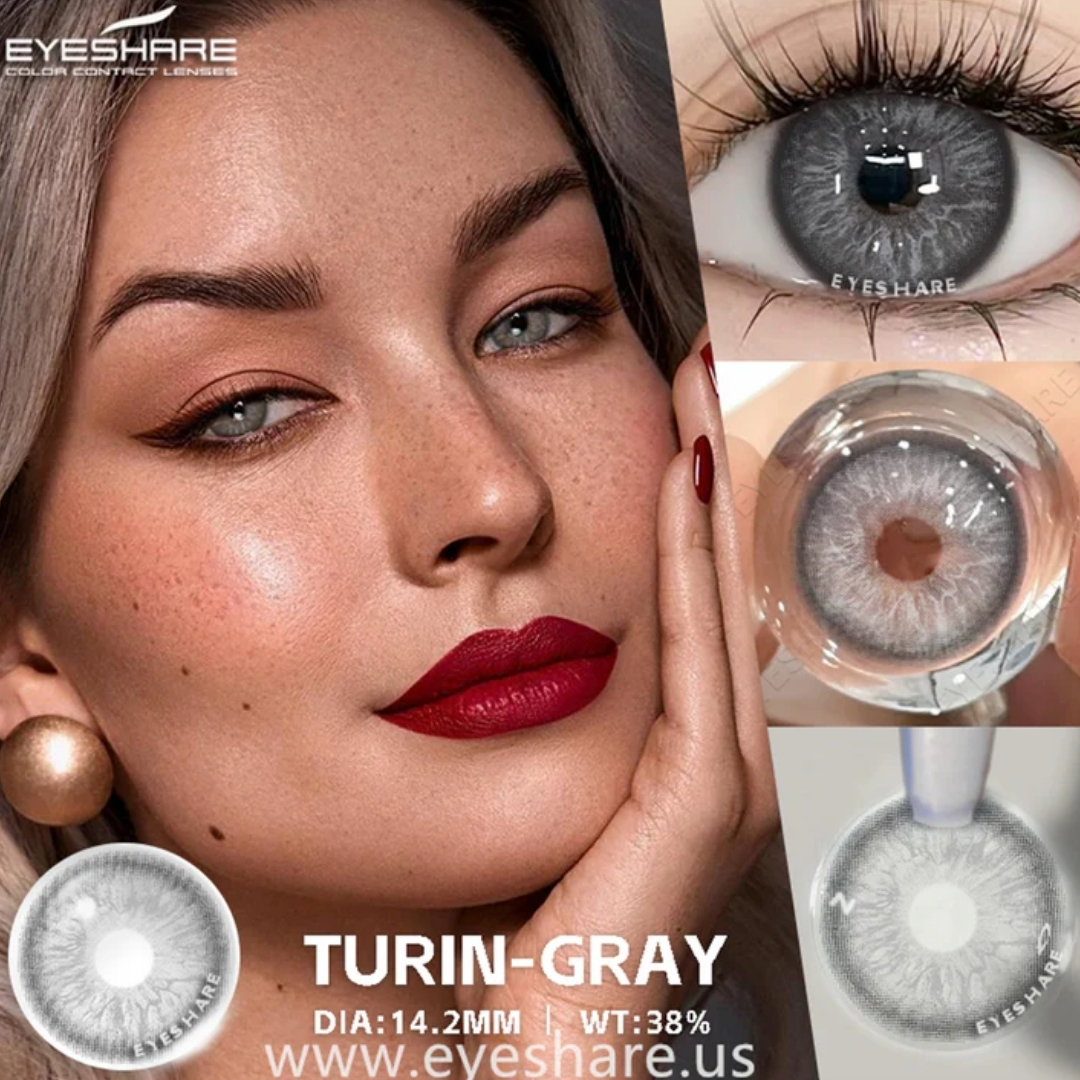 Picture of New Eyeshare Turin Gray Color contact lens with regular kit box for men & women. 1 pair Eyeshare Color contact lens for eye makeup and Cosmetics. Eyeshare Turin Series. #Turin