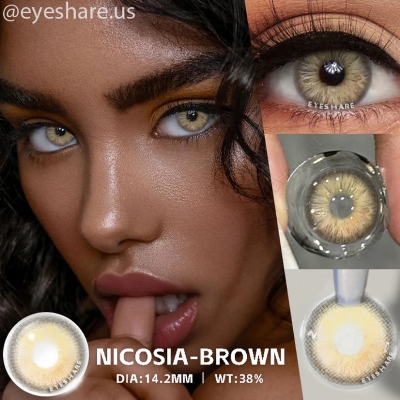 Picture of New Eyeshare Nicosia Brown Color contact lens with regular kit box for men & women. 1 pair Eyeshare Color contact lens for eye makeup and Cosmetics. Eyeshare NIcosia Series. #Nicosia