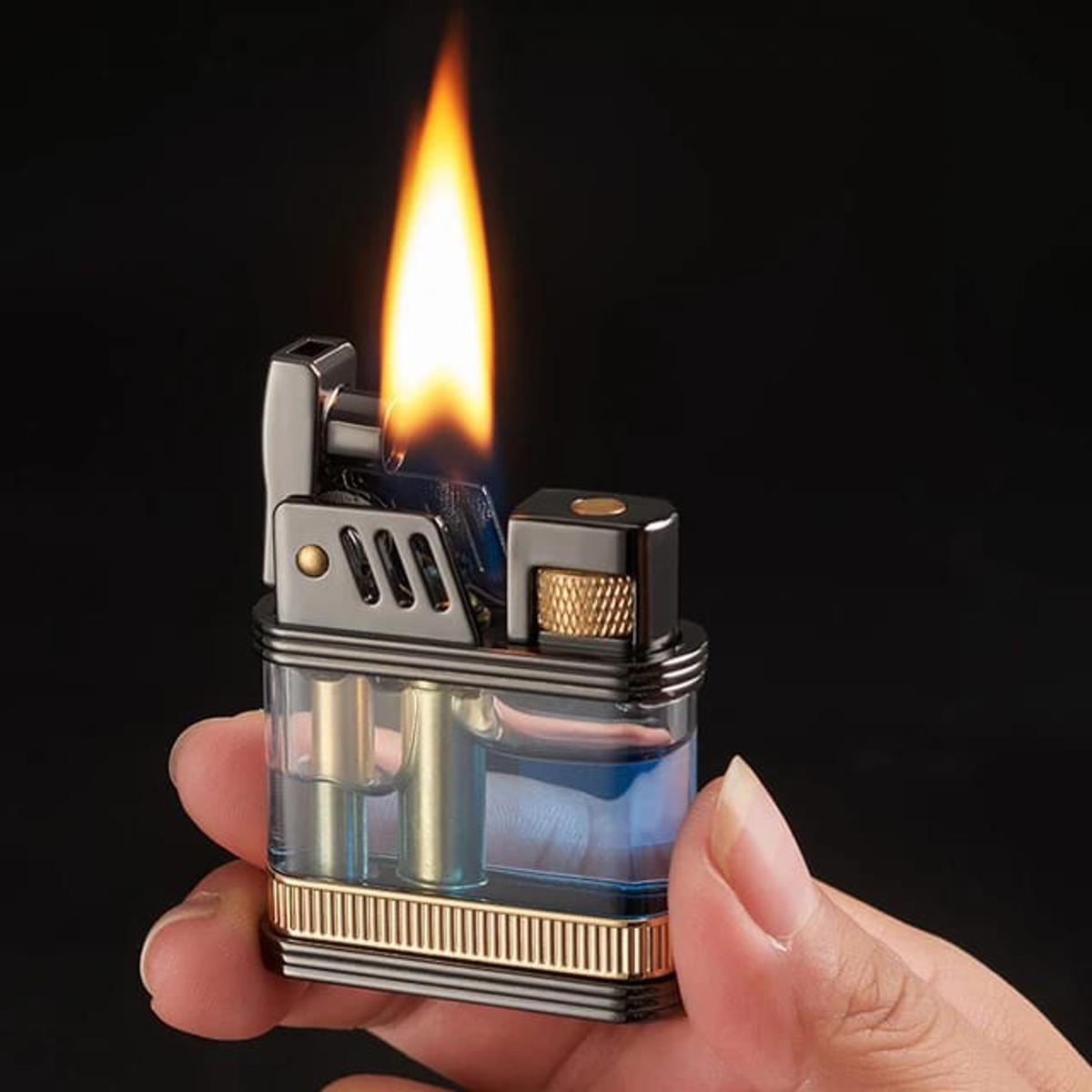 Picture of Creative transparent oil tank lighter new press pump cover ignition lighter retro wheel grinding lighter metal kerosene lighter