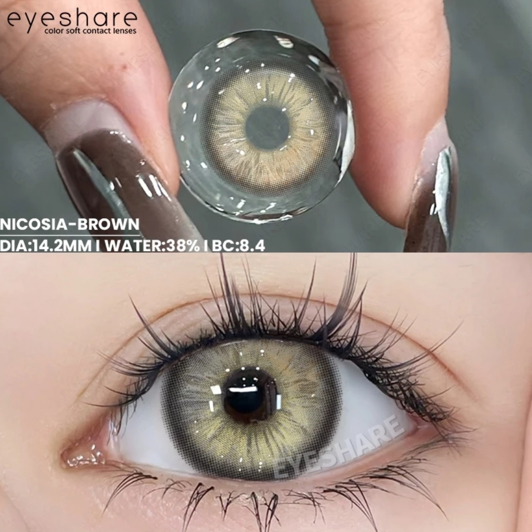 Picture of New Eyeshare Nicosia Brown Color contact lens with regular kit box for men & women. 1 pair Eyeshare Color contact lens for eye makeup and Cosmetics. Eyeshare NIcosia Series. #Nicosia