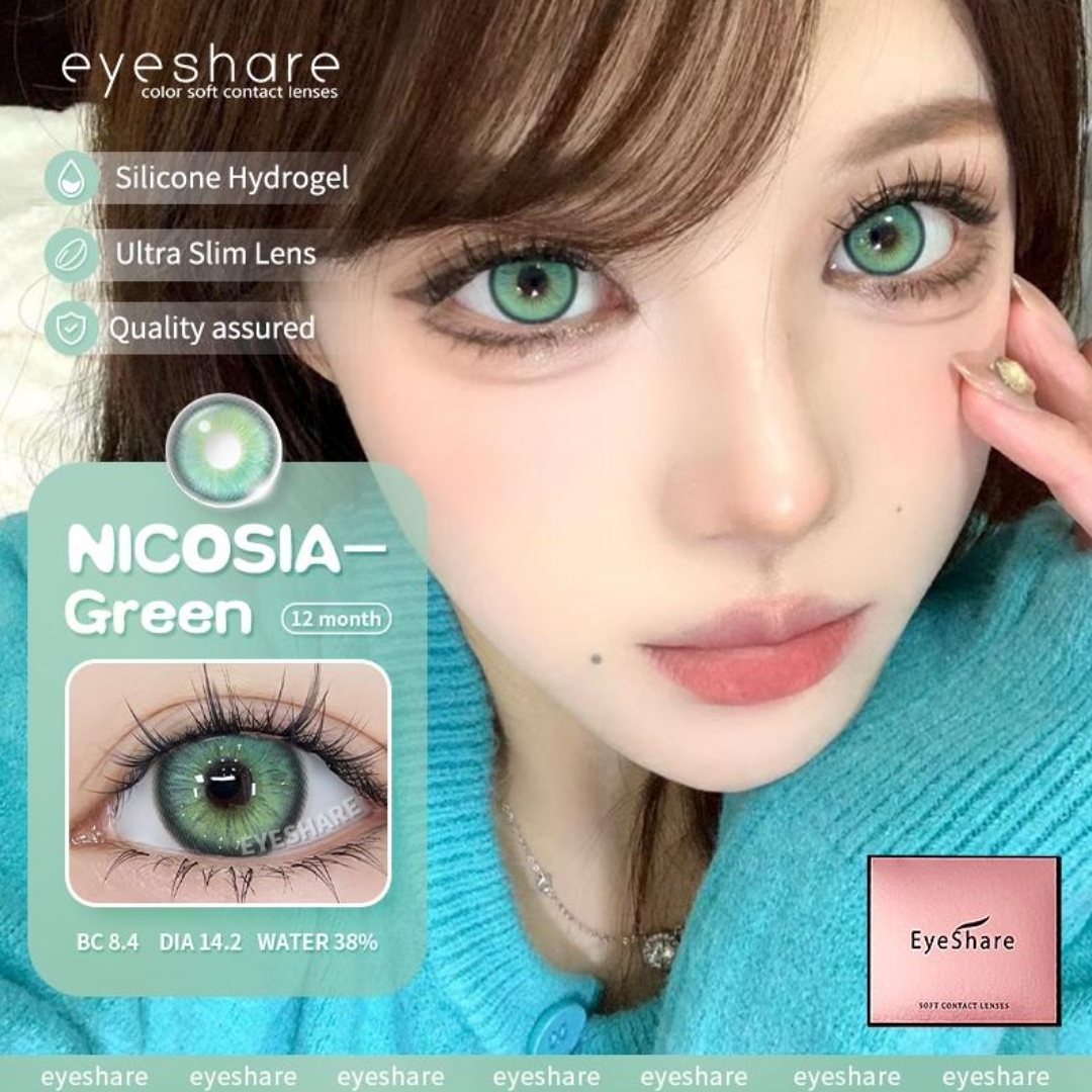 Picture of New Eyeshare Nicosia Green Color contact lens with regular kit box for men & women. 1 pair Eyeshare Color contact lens for eye makeup and Cosmetics. Eyeshare NIcosia Series. #Nicosia
