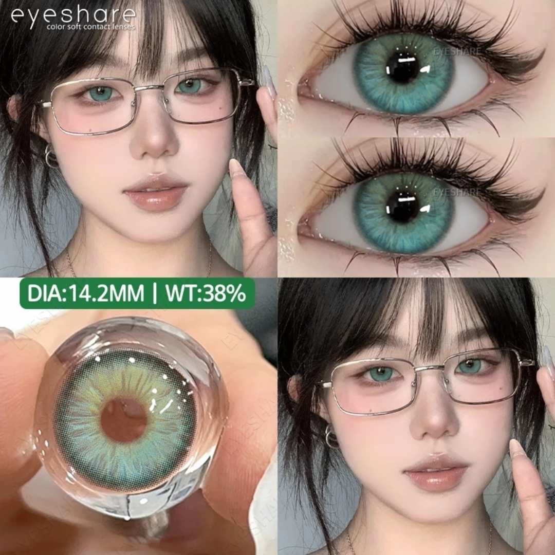 Picture of New Eyeshare Nicosia Green Color contact lens with regular kit box for men & women. 1 pair Eyeshare Color contact lens for eye makeup and Cosmetics. Eyeshare NIcosia Series. #Nicosia
