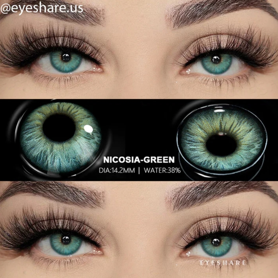 Picture of New Eyeshare Nicosia Green Color contact lens with regular kit box for men & women. 1 pair Eyeshare Color contact lens for eye makeup and Cosmetics. Eyeshare NIcosia Series. #Nicosia