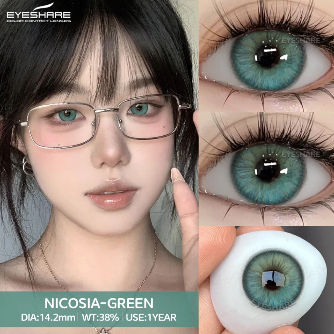 Picture of New Eyeshare Nicosia Green Color contact lens with regular kit box for men & women. 1 pair Eyeshare Color contact lens for eye makeup and Cosmetics. Eyeshare NIcosia Series. #Nicosia