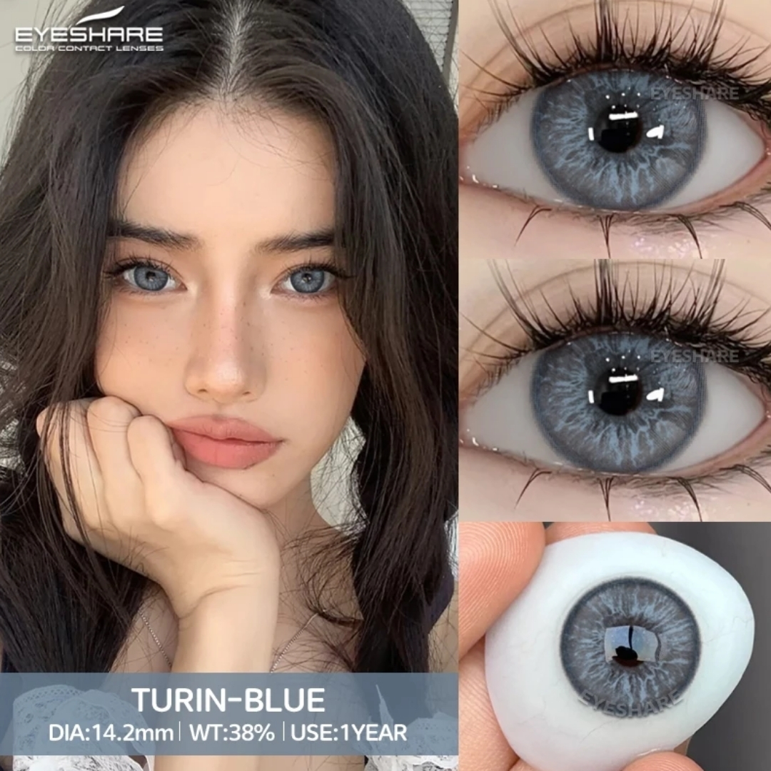 Picture of New Eyeshare Turin Blue Color contact lens with regular kit box for men & women. 1 pair Eyeshare Color contact lens for eye makeup and Cosmetics. Eyeshare Turin Series. #Turin