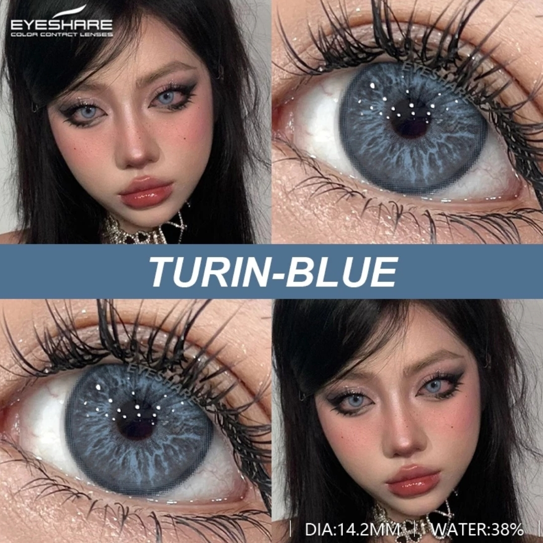 Picture of New Eyeshare Turin Blue Color contact lens with regular kit box for men & women. 1 pair Eyeshare Color contact lens for eye makeup and Cosmetics. Eyeshare Turin Series. #Turin