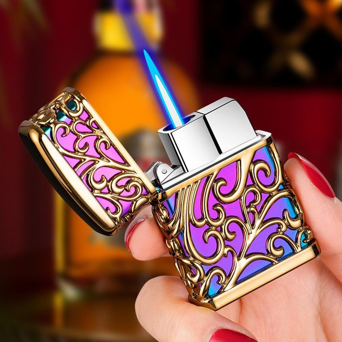 Picture of Hollow Tang Grass Golden Windproof Direct Punch Gas Lighters Relief Personality