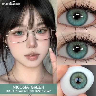 Picture of New Eyeshare Nicosia Green Color contact lens with regular kit box for men & women. 1 pair Eyeshare Color contact lens for eye makeup and Cosmetics. Eyeshare NIcosia Series. #Nicosia