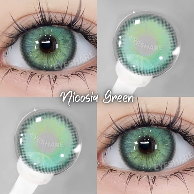 Picture of New Eyeshare Nicosia Green Color contact lens with regular kit box for men & women. 1 pair Eyeshare Color contact lens for eye makeup and Cosmetics. Eyeshare NIcosia Series. #Nicosia
