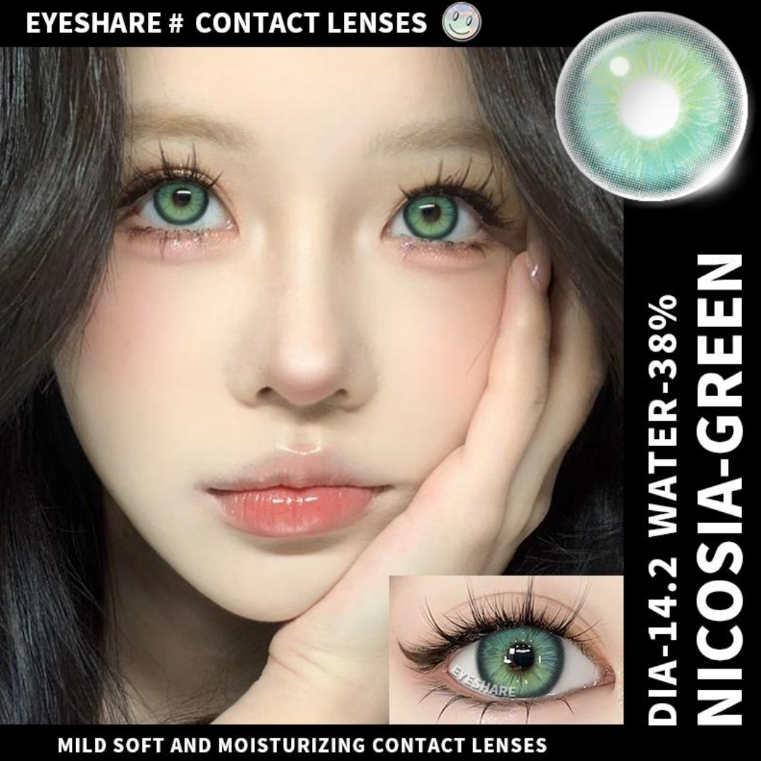 Picture of New Eyeshare Nicosia Green Color contact lens with regular kit box for men & women. 1 pair Eyeshare Color contact lens for eye makeup and Cosmetics. Eyeshare NIcosia Series. #Nicosia