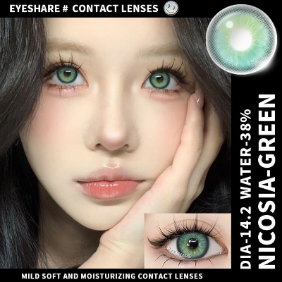 Picture of New Eyeshare Nicosia Green Color contact lens with regular kit box for men & women. 1 pair Eyeshare Color contact lens for eye makeup and Cosmetics. Eyeshare NIcosia Series. #Nicosia