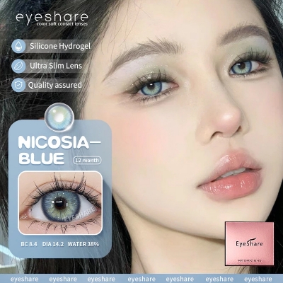 Picture of New Eyeshare Nicosia Blue Color contact lens with regular kit box for men & women. 1 pair Eyeshare Color contact lens for eye makeup and Cosmetics. Eyeshare NIcosia Series. #Nicosia
