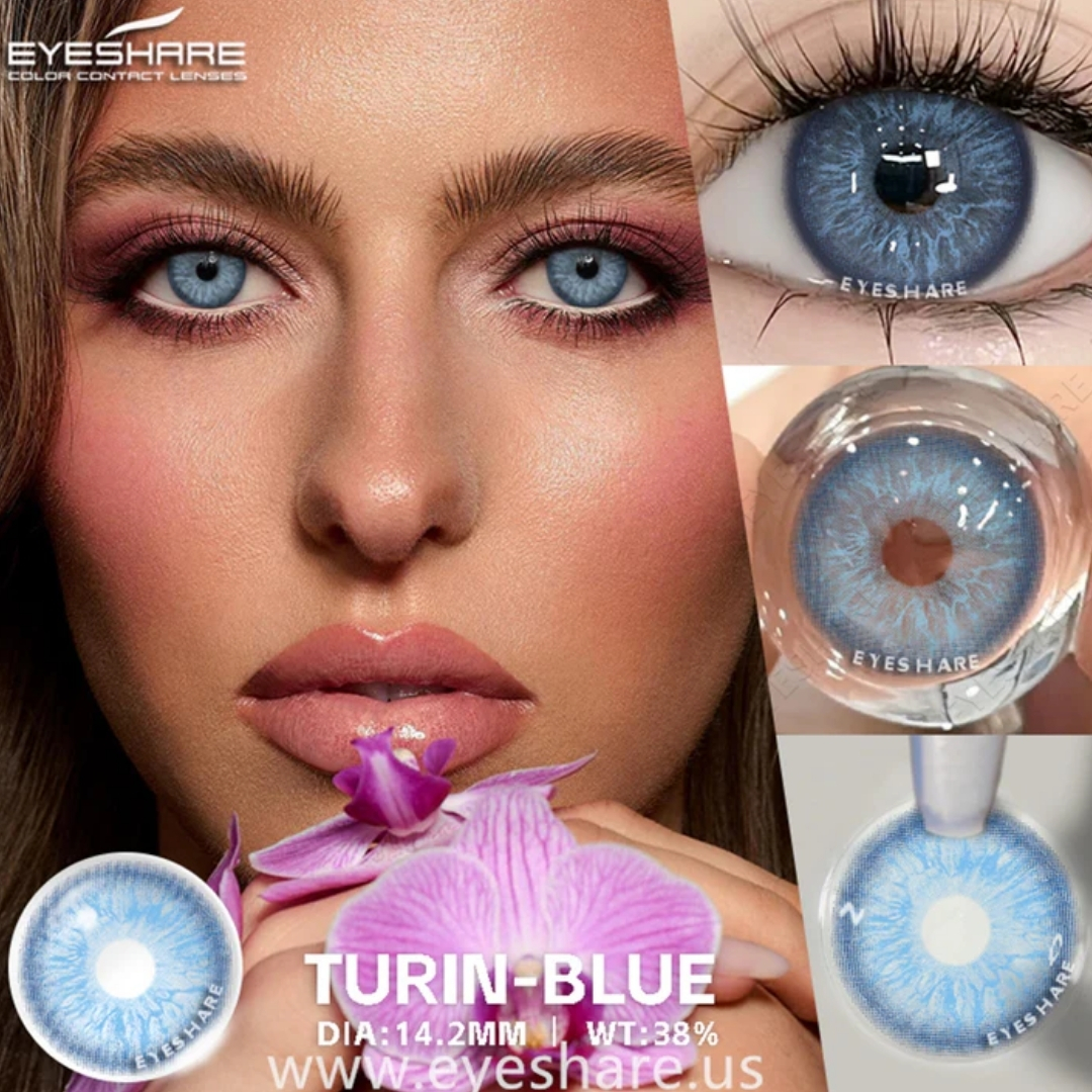 Picture of New Eyeshare Turin Blue Color contact lens with regular kit box for men & women. 1 pair Eyeshare Color contact lens for eye makeup and Cosmetics. Eyeshare Turin Series. #Turin