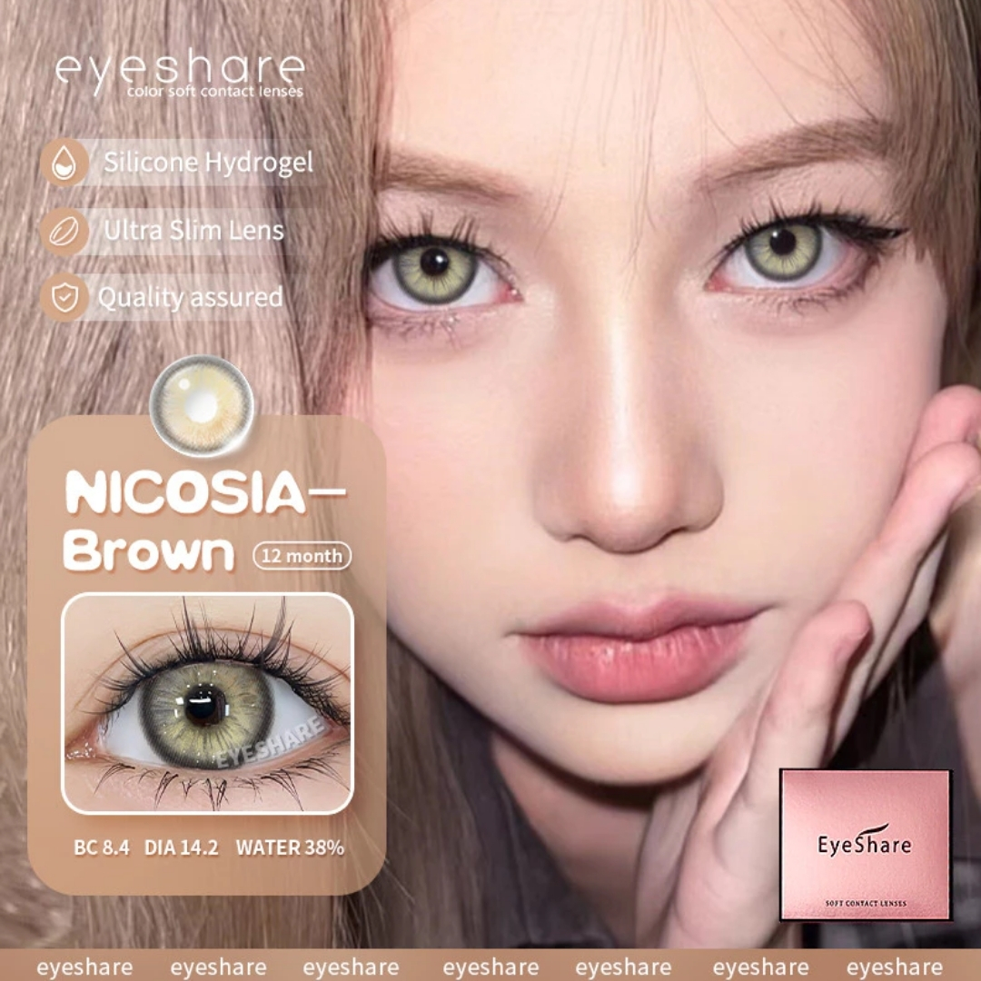 Picture of New Eyeshare Nicosia Brown Color contact lens with regular kit box for men & women. 1 pair Eyeshare Color contact lens for eye makeup and Cosmetics. Eyeshare NIcosia Series. #Nicosia