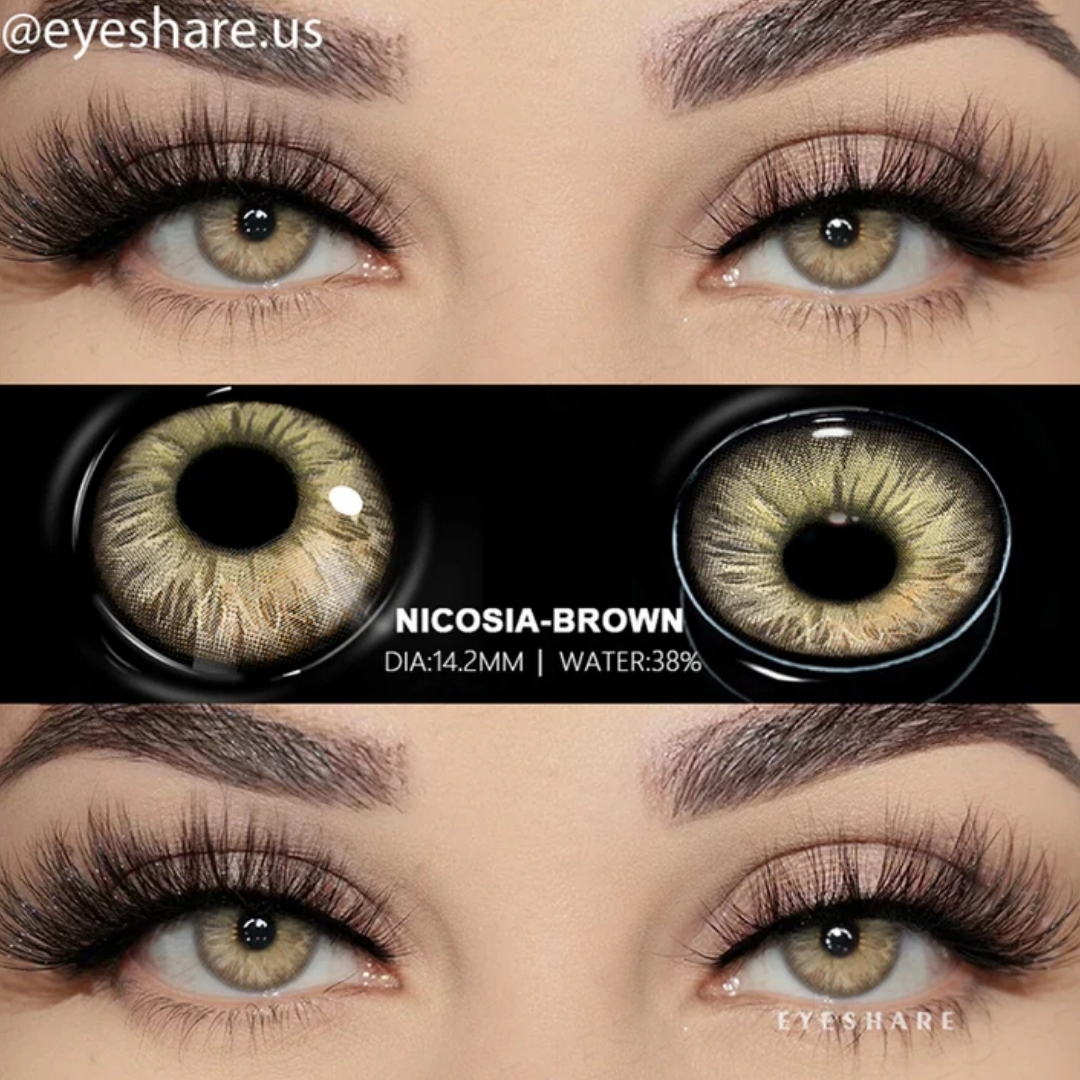 Picture of New Eyeshare Nicosia Brown Color contact lens with regular kit box for men & women. 1 pair Eyeshare Color contact lens for eye makeup and Cosmetics. Eyeshare NIcosia Series. #Nicosia