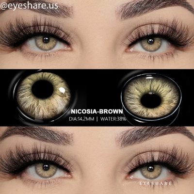 Picture of New Eyeshare Nicosia Brown Color contact lens with regular kit box for men & women. 1 pair Eyeshare Color contact lens for eye makeup and Cosmetics. Eyeshare NIcosia Series. #Nicosia
