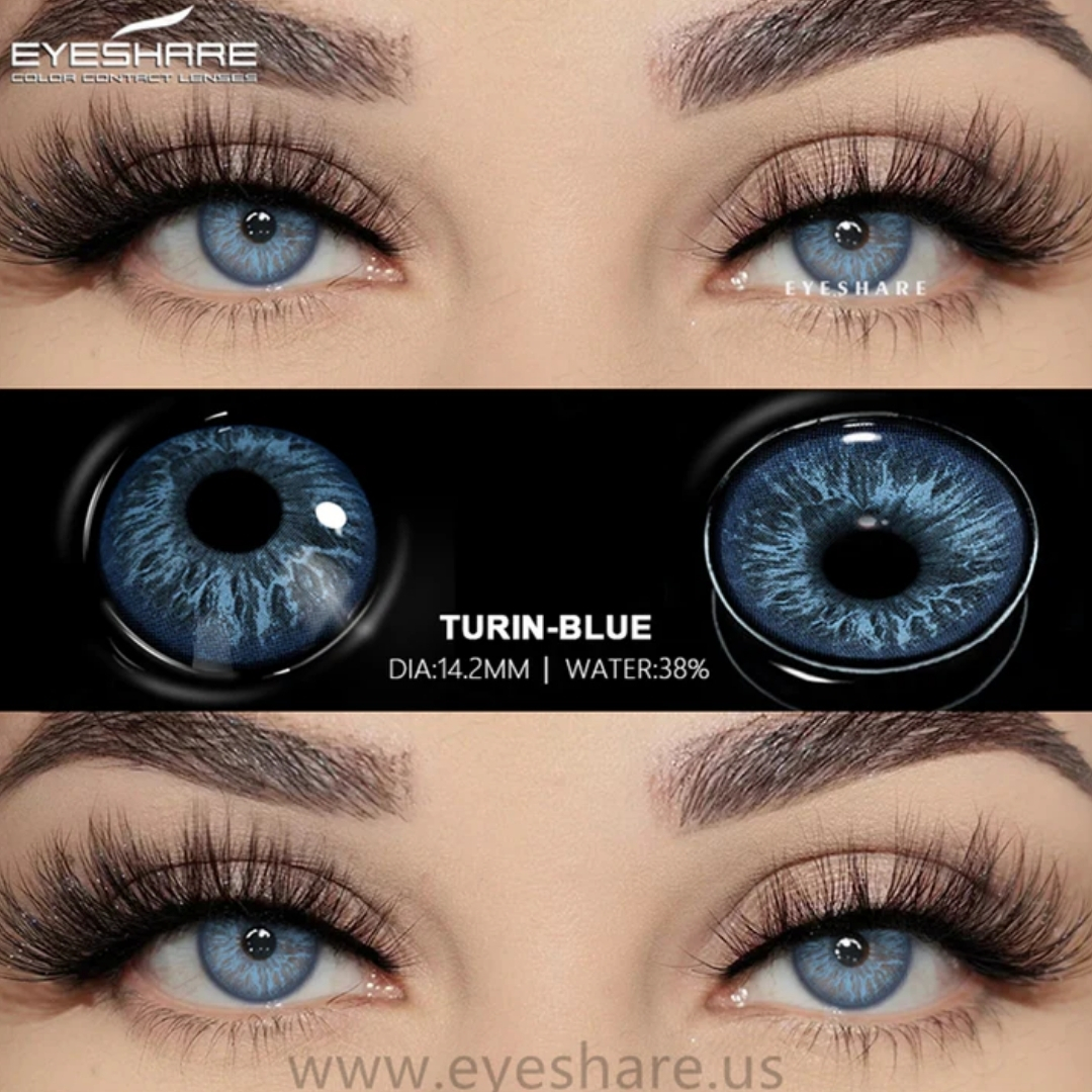 Picture of New Eyeshare Turin Blue Color contact lens with regular kit box for men & women. 1 pair Eyeshare Color contact lens for eye makeup and Cosmetics. Eyeshare Turin Series. #Turin