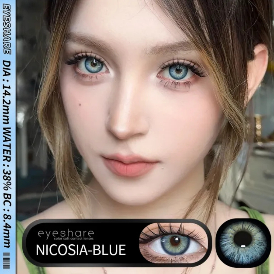 Picture of New Eyeshare Nicosia Blue Color contact lens with regular kit box for men & women. 1 pair Eyeshare Color contact lens for eye makeup and Cosmetics. Eyeshare NIcosia Series. #Nicosia