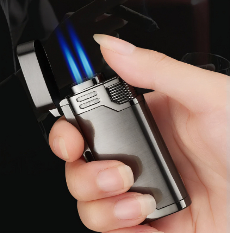 Picture of New blue flame double straight punch lighter metal 3d pattern engraved butane gas windproof lighter