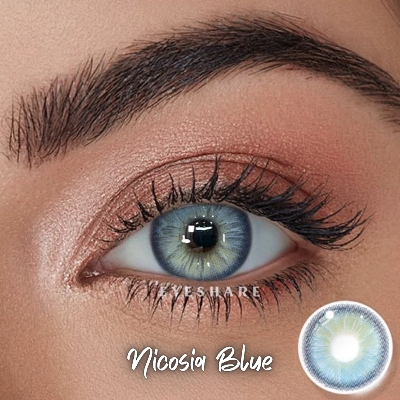 Picture of New Eyeshare Nicosia Blue Color contact lens with regular kit box for men & women. 1 pair Eyeshare Color contact lens for eye makeup and Cosmetics. Eyeshare NIcosia Series. #Nicosia
