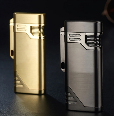 Picture of New blue flame double straight punch lighter metal 3d pattern engraved butane gas windproof lighter