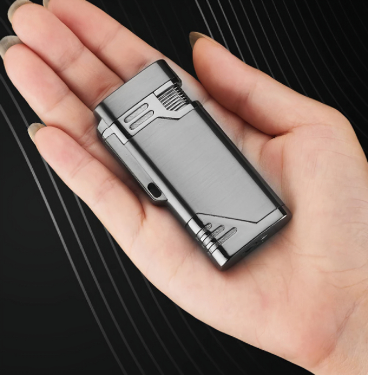 Picture of New blue flame double straight punch lighter metal 3d pattern engraved butane gas windproof lighter