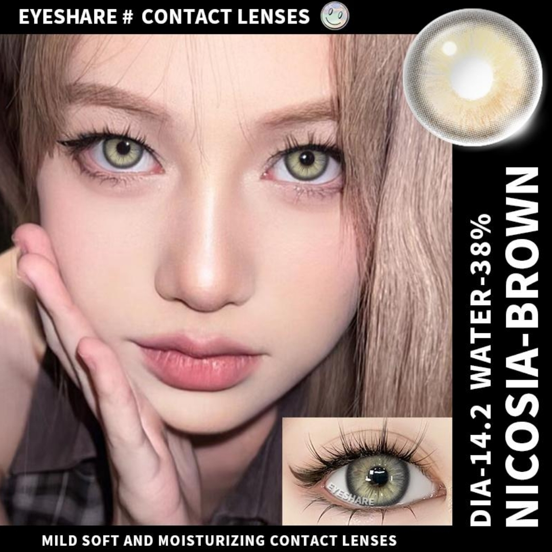 Picture of New Eyeshare Nicosia Brown Color contact lens with regular kit box for men & women. 1 pair Eyeshare Color contact lens for eye makeup and Cosmetics. Eyeshare NIcosia Series. #Nicosia