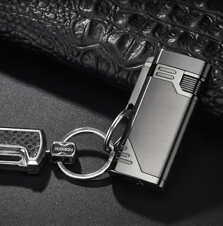 Picture of New blue flame double straight punch lighter metal 3d pattern engraved butane gas windproof lighter
