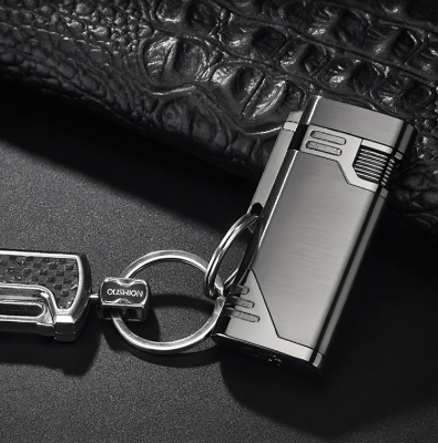 Picture of New blue flame double straight punch lighter metal 3d pattern engraved butane gas windproof lighter