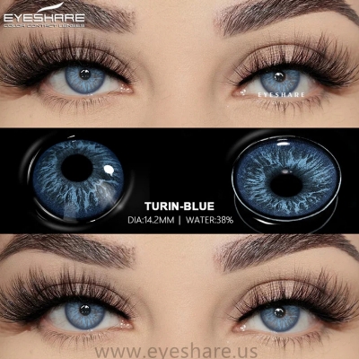 Picture of New Eyeshare Turin Blue Color contact lens with regular kit box for men & women. 1 pair Eyeshare Color contact lens for eye makeup and Cosmetics. Eyeshare Turin Series. #Turin