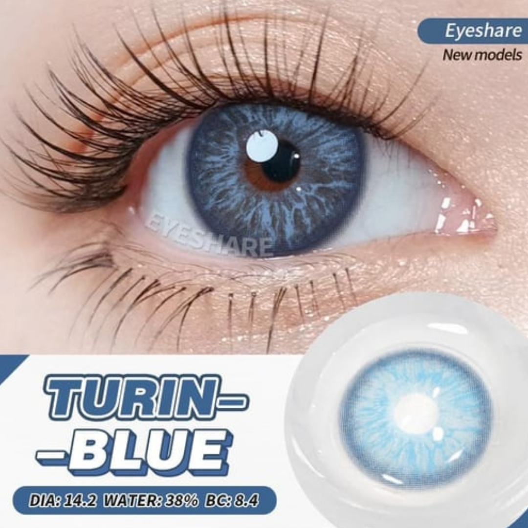 Picture of New Eyeshare Turin Blue Color contact lens with regular kit box for men & women. 1 pair Eyeshare Color contact lens for eye makeup and Cosmetics. Eyeshare Turin Series. #Turin