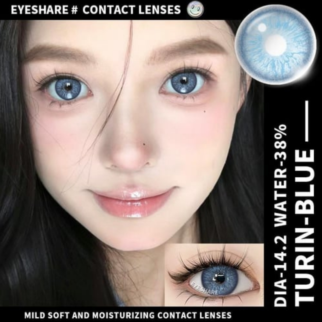 Picture of New Eyeshare Turin Blue Color contact lens with regular kit box for men & women. 1 pair Eyeshare Color contact lens for eye makeup and Cosmetics. Eyeshare Turin Series. #Turin