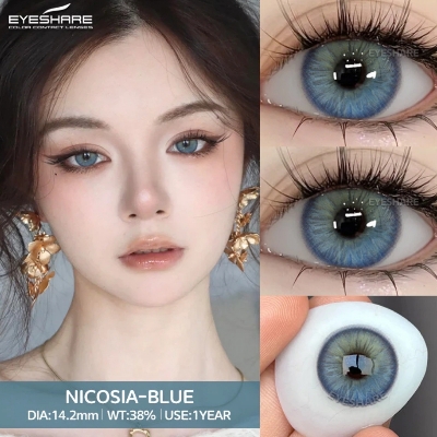 Picture of New Eyeshare Nicosia Blue Color contact lens with regular kit box for men & women. 1 pair Eyeshare Color contact lens for eye makeup and Cosmetics. Eyeshare NIcosia Series. #Nicosia