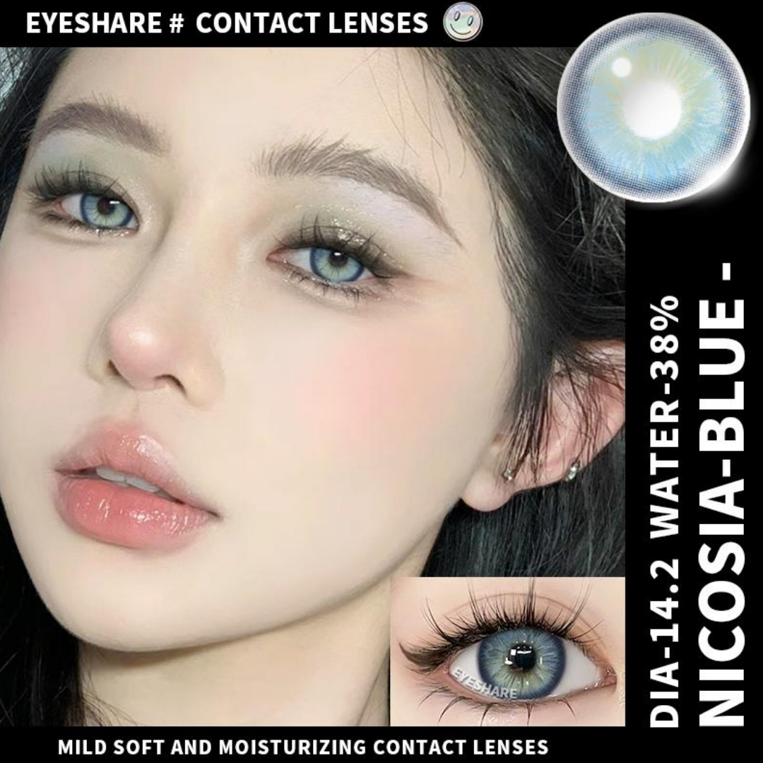 Picture of New Eyeshare Nicosia Blue Color contact lens with regular kit box for men & women. 1 pair Eyeshare Color contact lens for eye makeup and Cosmetics. Eyeshare NIcosia Series. #Nicosia