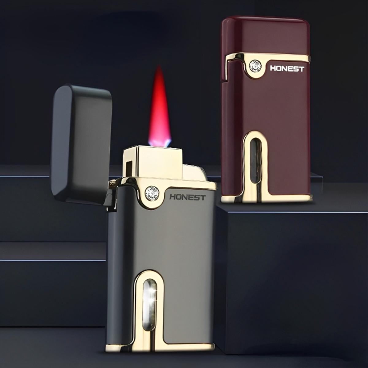 Picture of Light luxury windproof straight into inflatable metal lighter red flame with light to send boyfriend lighter gift set