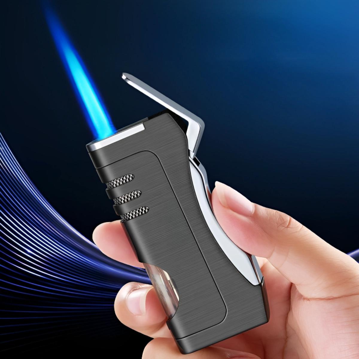 Picture of New Blue Flame Windproof Turbo Lighter Visible Gas Lighter Butane Metal Cigar Cigaretes Lighters