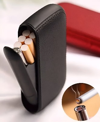 Picture of 10 Cig@arette Case with USB Lighter Set Charging Lighter PU Leather  Box Holder for Men