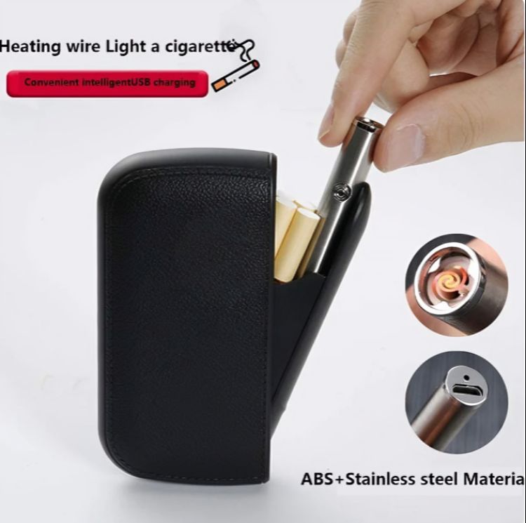 Picture of 10 Cig@arette Case with USB Lighter Set Charging Lighter PU Leather  Box Holder for Men