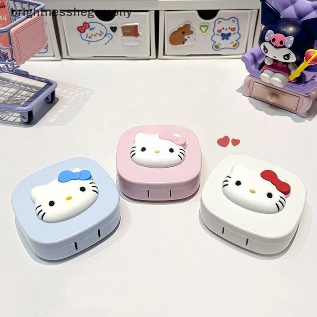 Picture of New Hello Kitty Big Size Round Square Shape Contact Lenses Storage with Mirror, Applicator,Tweezer and solution Bottle for tour,travel and Outdoor new design and authentic quality Travel Kit for all kind Of Contact lens  #hellokitty