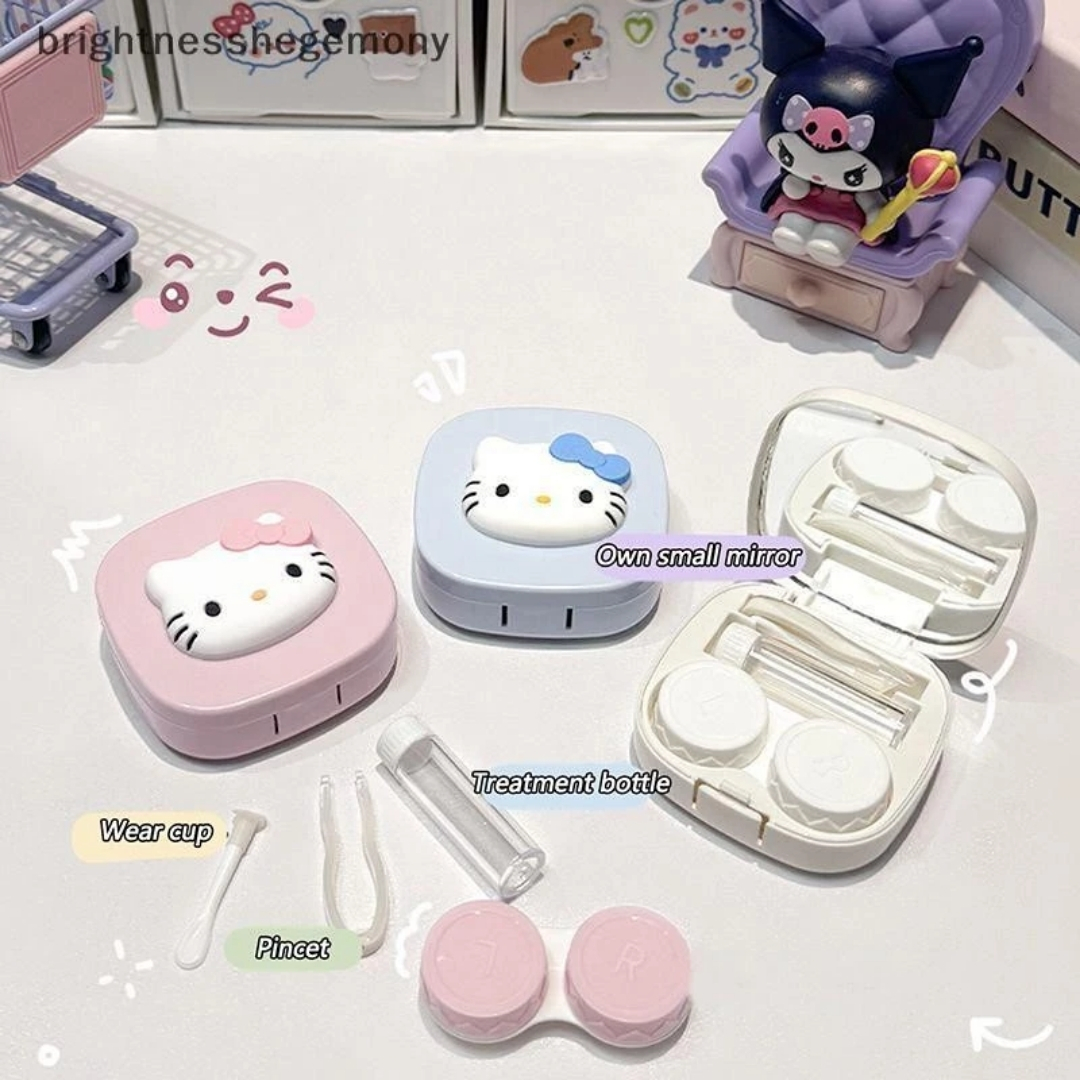 Picture of New Hello Kitty Big Size Round Square Shape Contact Lenses Storage with Mirror, Applicator,Tweezer and solution Bottle for tour,travel and Outdoor new design and authentic quality Travel Kit for all kind Of Contact lens  #hellokitty