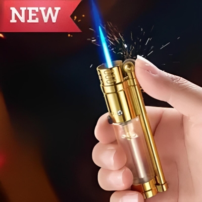 Picture of Transparent Gas Chamber Direct Flush Blue Flame Sand Wheel Ignition Butane Gas Lighter Compact Portable Outdoor Windproof Gadget