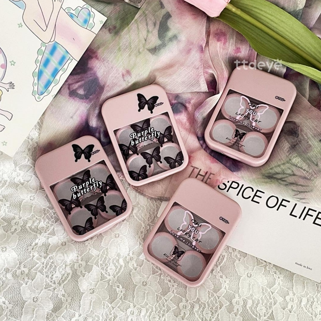 Picture of New Pink Butterfly Prints Double Set Contact Lenses Glasses Kits Contact Lenses Box with Mirror, Applicator,Tweezer and solution Bottle for tour,travel and Outdoor new design and othentic quality Travel Kit Of all type Of Contact lens  #butterflykit
