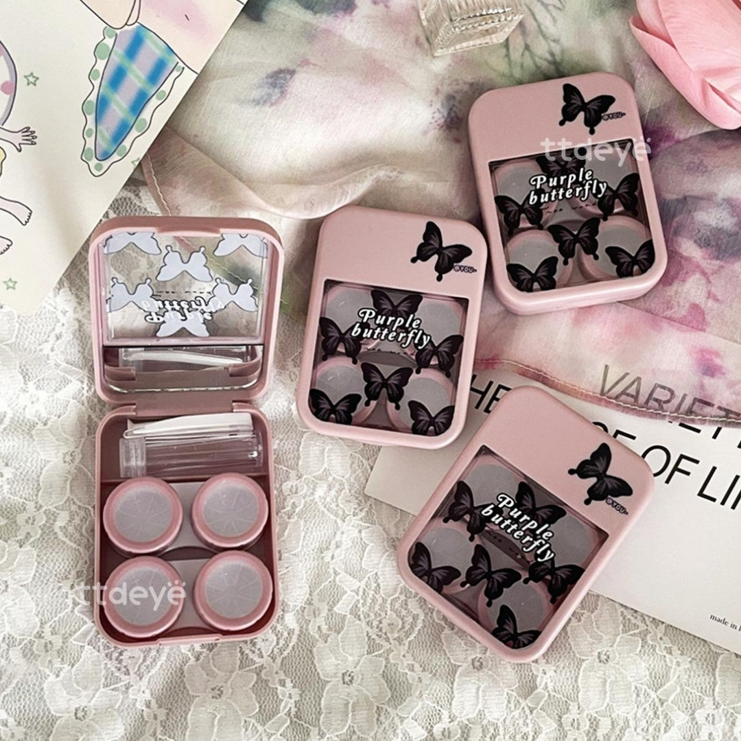 Picture of New Pink Butterfly Prints Double Set Contact Lenses Glasses Kits Contact Lenses Box with Mirror, Applicator,Tweezer and solution Bottle for tour,travel and Outdoor new design and othentic quality Travel Kit Of all type Of Contact lens  #butterflykit