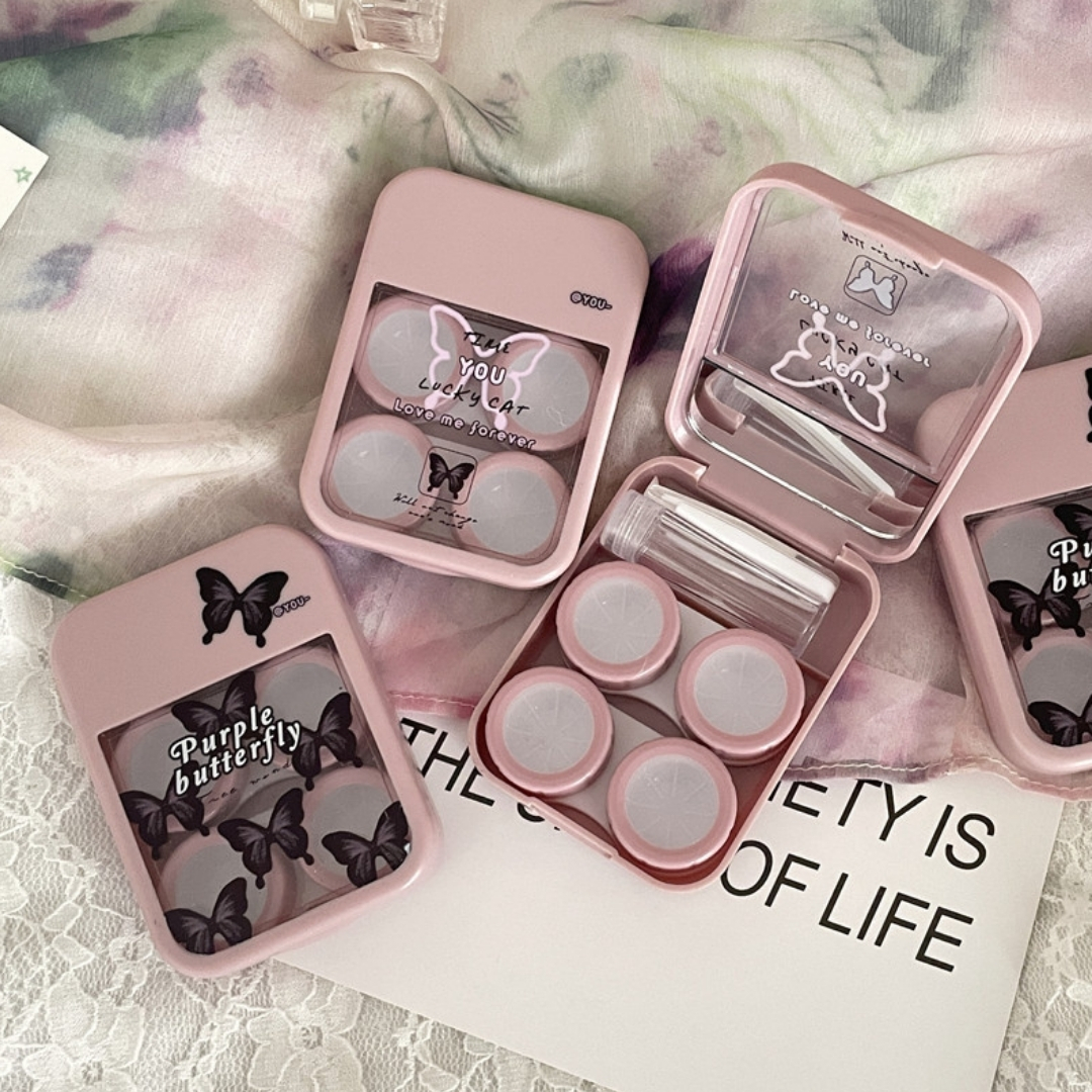 Picture of New Pink Butterfly Prints Double Set Contact Lenses Glasses Kits Contact Lenses Box with Mirror, Applicator,Tweezer and solution Bottle for tour,travel and Outdoor new design and othentic quality Travel Kit Of all type Of Contact lens  #butterflykit