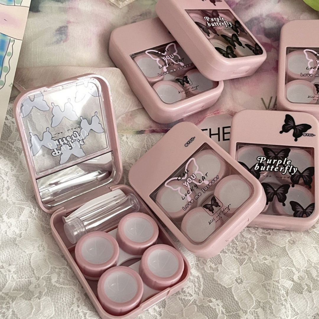 Picture of New Pink Butterfly Prints Double Set Contact Lenses Glasses Kits Contact Lenses Box with Mirror, Applicator,Tweezer and solution Bottle for tour,travel and Outdoor new design and othentic quality Travel Kit Of all type Of Contact lens  #butterflykit