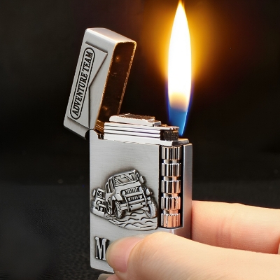 Picture of Creative Steel Sound Embossed Grinding Wheel Lighter Metal Retro Inflatable Cigarete Lighter (any design)