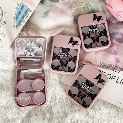 Picture of New Pink Butterfly Prints Double Set Contact Lenses Glasses Kits Contact Lenses Box with Mirror, Applicator,Tweezer and solution Bottle for tour,travel and Outdoor new design and othentic quality Travel Kit Of all type Of Contact lens  #butterflykit