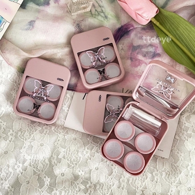 Picture of New Pink Butterfly Prints Double Set Contact Lenses Glasses Kits Contact Lenses Box with Mirror, Applicator,Tweezer and solution Bottle for tour,travel and Outdoor new design and othentic quality Travel Kit Of all type Of Contact lens  #butterflykit
