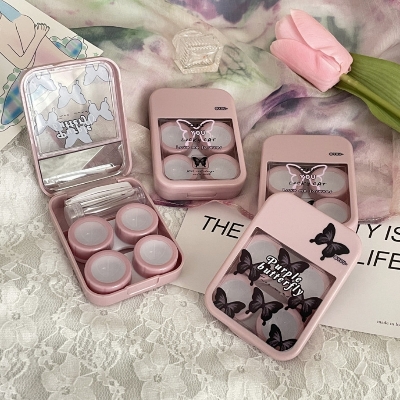 Picture of New Pink Butterfly Prints Double Set Contact Lenses Glasses Kits Contact Lenses Box with Mirror, Applicator,Tweezer and solution Bottle for tour,travel and Outdoor new design and othentic quality Travel Kit Of all type Of Contact lens  #butterflykit